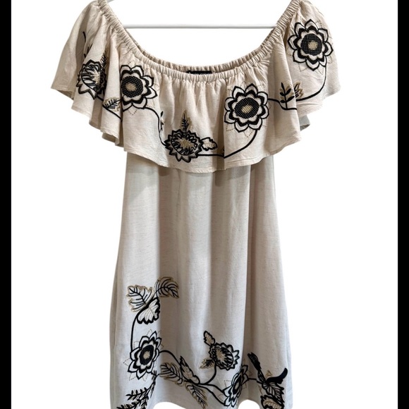 Boston Proper Flax/Oatmeal Linen Off-Shoulder Embroidered Dress - Large - Picture 2 of 10